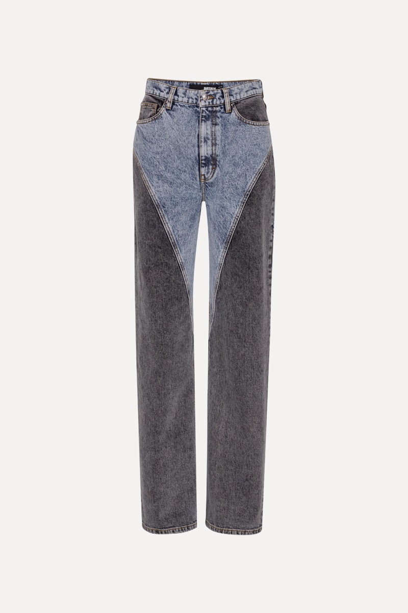 Rotate, Straight Patchwork Jeans, Medium Blue Denim