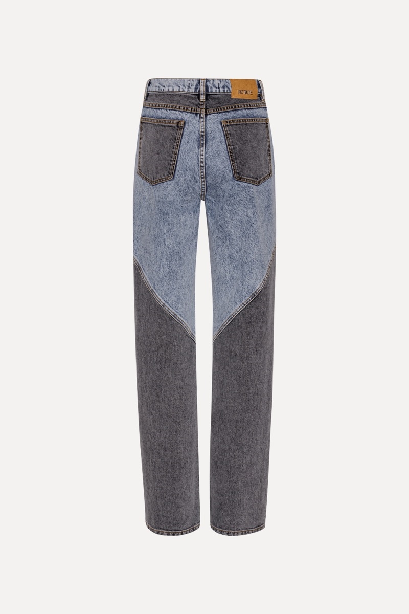 Rotate, Straight Patchwork Jeans, Medium Blue Denim